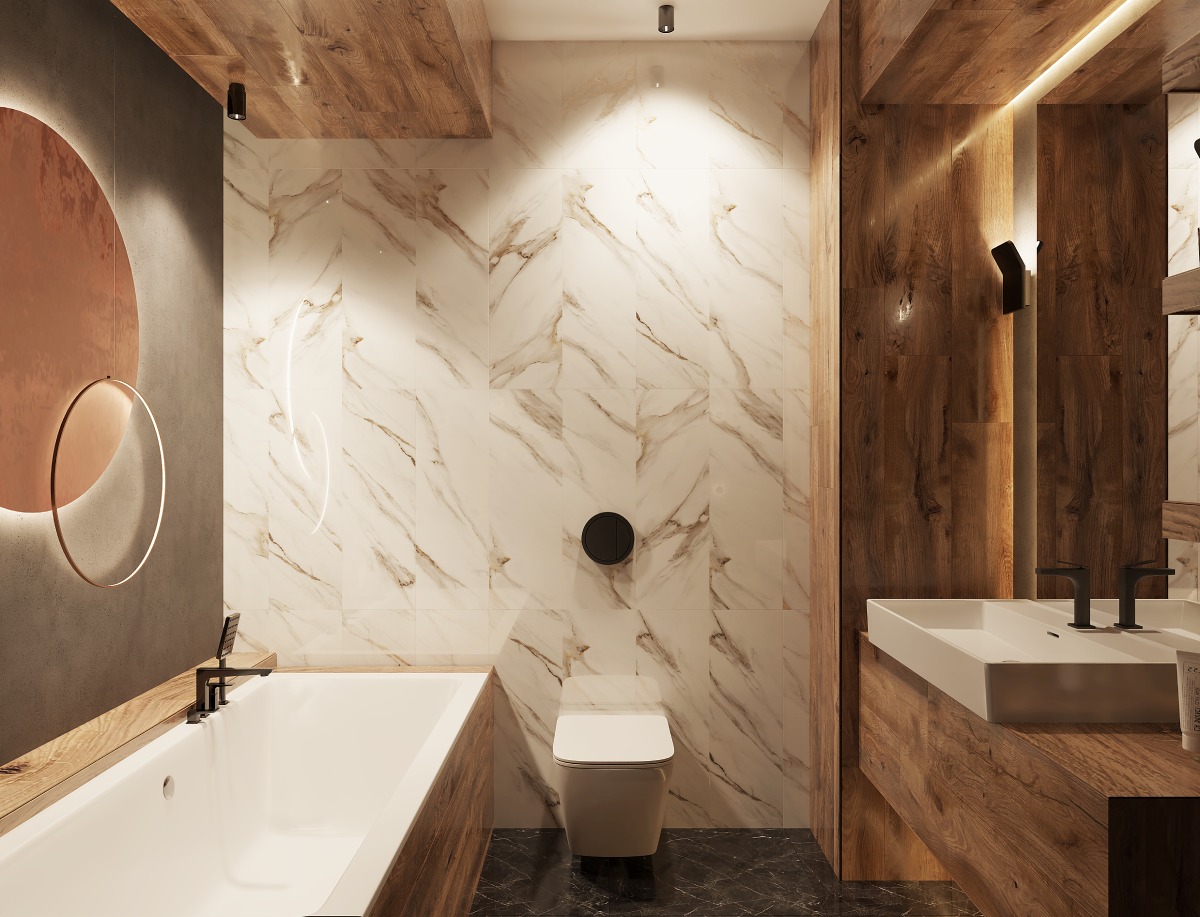 Niewielka łazienka z płytkami imitującymi drewno i marmur.